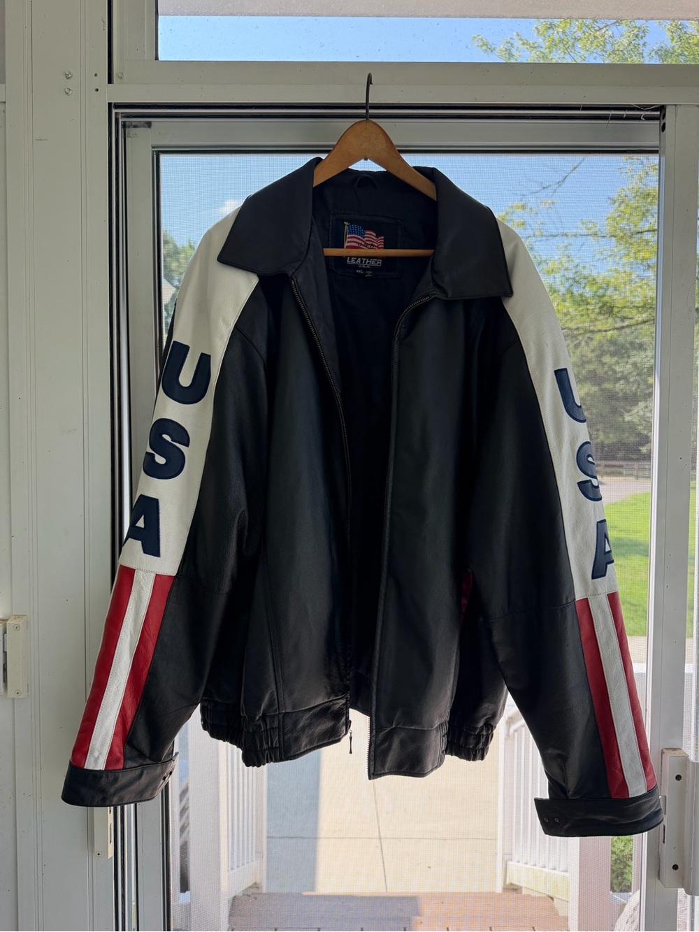 Vintage USA Leather Brand American Flag Bomber Jacket - 3XL
